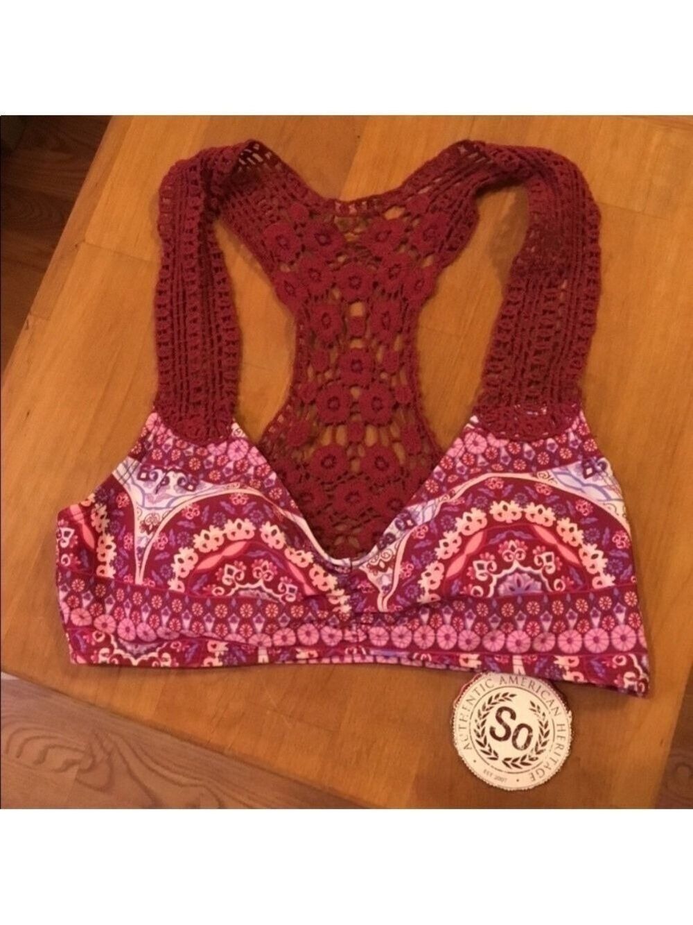 SO Kohl's Red Purple pink white Medallion Racerback Bralette Swim Top XS